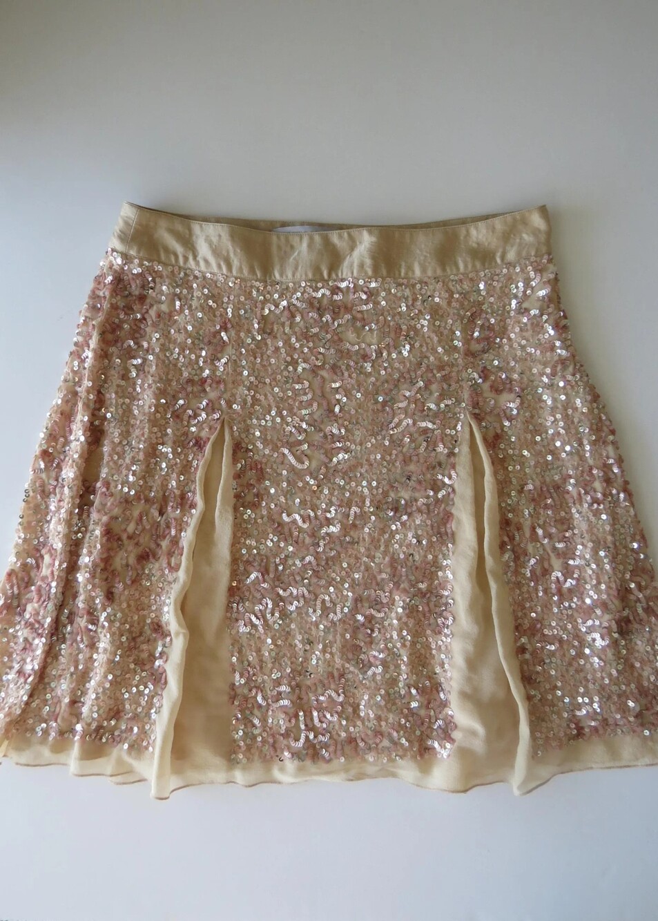 Vintage 2000s Italian Silk Sequin Mini Skirt, Blush Pink Chiffon Panels, Made in